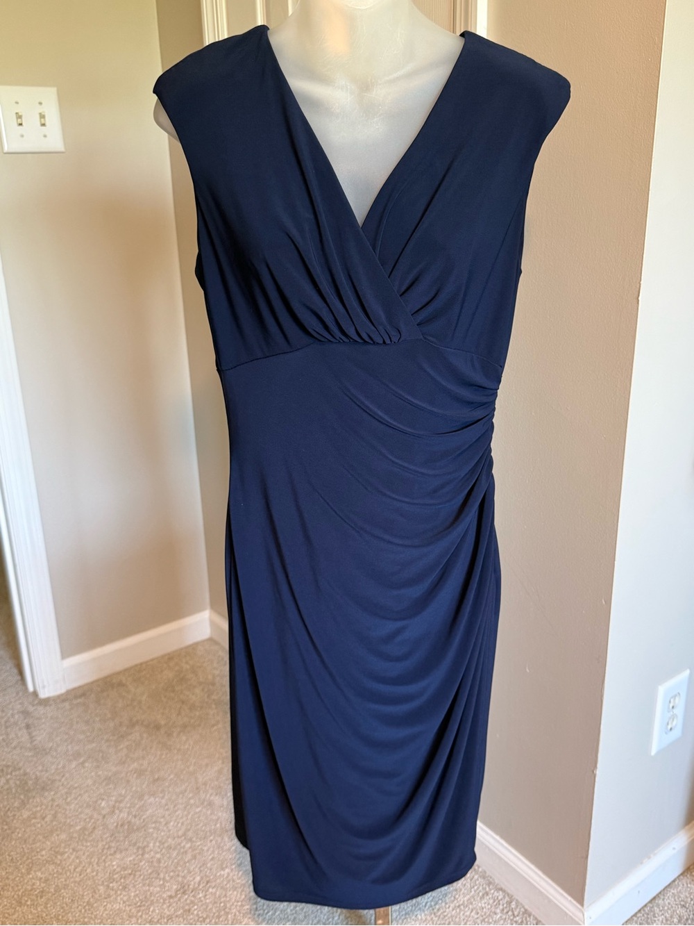 Lauren Ralph Lauren Navy Sleeveless Faux-Wrap Midi Dress